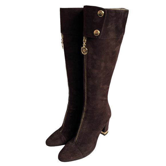 Bellofatto boots knee high brown suede zip up gold block heel size 6.5 - Picture 3 of 11
